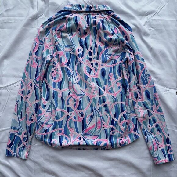 Lilly Pulitzer Skipper Popover Pullover Top Skim Blue Pink Sea Anchor Size Small - Picture 6 of 8